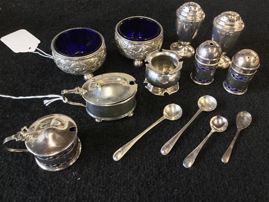 Pair embossed silver bun salts, pair silver urn peppers, silver mustard, napkin ring & 3 spoons & a plated 3-pce condiment set